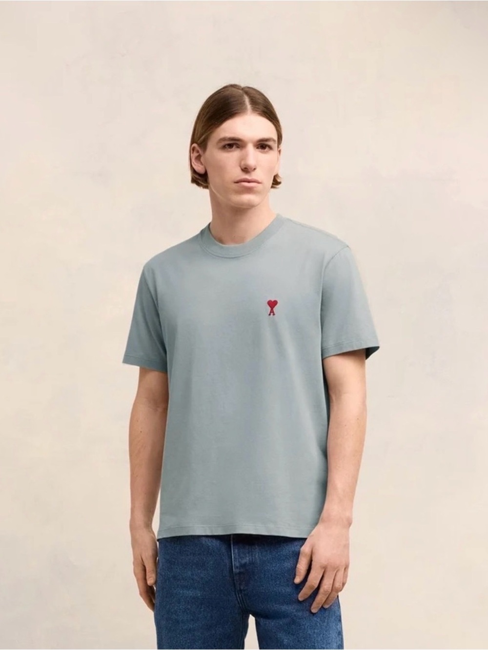 Ami Men's Pale Blue Crewneck T-Shirt with Red Heart Emblem